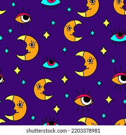 Bizzare Psychedelic Vector Seamless Pattern With Trippy Moon And Eyes. Magical Mystic Scary Psychedelic Vibes 70s And 60s Pattern