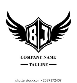 BJ A bold winged shield emblem with customizable initials A-Z. Sleek black-and-white vector, perfect for branding, sports teams, motorcycle clubs, gaming,apparel and High-quality
