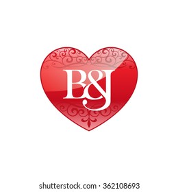 B&J initial letter couple logo with ornament heart shape