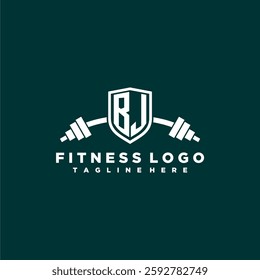 BJ initial monogram for fitnes or gym logo with creative shield and barbell design