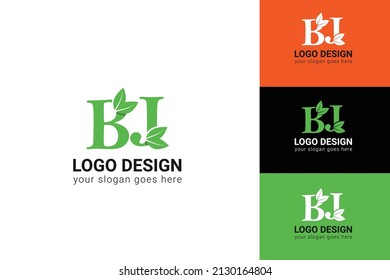  BJ letters eco logo with leaf. Vector typeface for nature posters, eco friendly emblem, vegan identity, herbal and botanical cards etc. Ecology  BJ letters logo with green leaf.