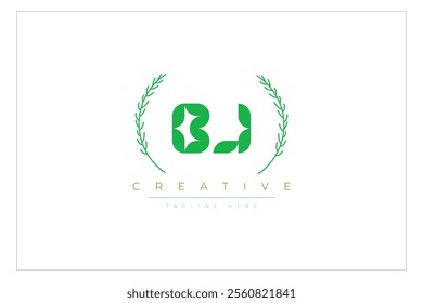 BJ letters eco logo with leaf. Fresh nature and healthy leaf logo design.