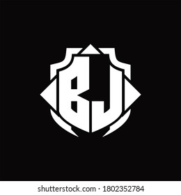 Monograma del logotipo de BJ con línea de protección y plantilla de diseño de 3 flechas sobre fondo negro