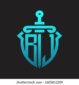 BJ Logo monogram with sword and shield combination isolated blue colors gradient