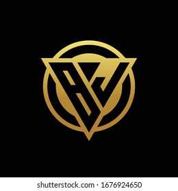 BJ logo monogram with triangle shape and circle rounded style isolated on gold colors and black background design template