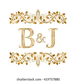 B&J vintage initials logo symbol. Letters B, J, ampersand surrounded floral ornament. Wedding or business partners initials monogram in royal style.