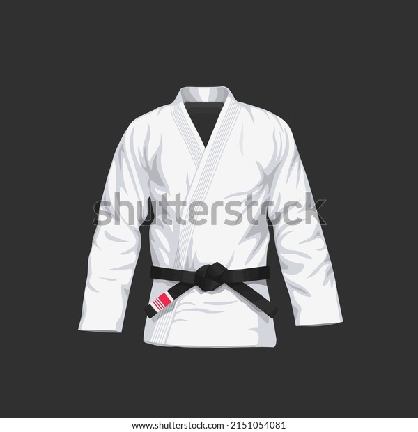 BJJ Gi with black belt vector illustration in\
flat style. Brazilian Jiu-Jitsu white kimono. Isolated. on black\
background.
