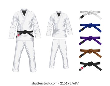 BJJ White Gi flat vector illustration. Kimono and pants with all belts  vector illustration in flat style. Brazilian Jiu-Jitsu kit. Isolated. on black background.	
 - Shutterstock ID 2151937697