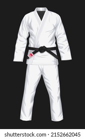 BJJ White Gi flat vector illustration. Kimono and pants with black belt vector illustration in flat style. Brazilian Jiu-Jitsu kit. Isolated on black background.	
