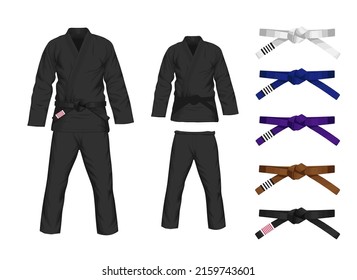 BJJ Weiße Gi flache Vektorgrafik. Kimono und Hosen mit allen Gürteln Vektorgrafik in flachem Stil. Brasilianisches Jiu-Jitsu-Kit. Einzeln. auf schwarzem Hintergrund.	
