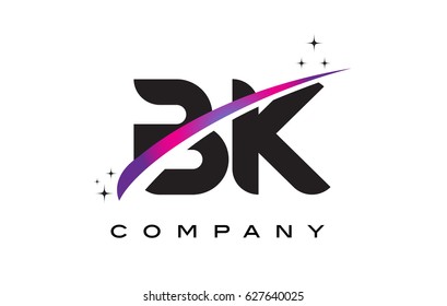 BK B K Black Letter Logo Design with Purple Magenta Swoosh and Stars.
