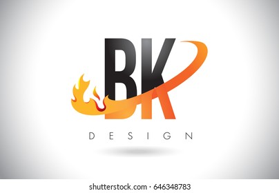 BK B K Letter Logo Design with Fire Flames and Orange Swoosh Vector Illustration.