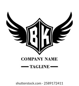 BK A bold winged shield emblem with customizable initials A-Z. Sleek black-and-white vector, perfect for branding, sports teams, motorcycle clubs, gaming,apparel and High-quality
