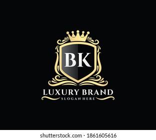 BK Initial Letter Gold calligraphic feminine floral hand drawn heraldic monogram antique vintage style luxury logo design.