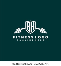 BK initial monogram for fitnes or gym logo with creative shield and barbell design
