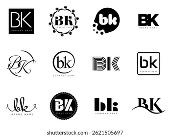 BK logo company template. Letter b and k logotype. Set different classic serif lettering and modern bold text with design elements. Initial font typography. Collection trendy business identity.