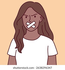 Bkack brown Dark skinned woman with tape on her mouth stares with anger. Symbol of resistance, injustice, and forced silence