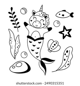 Bkack and white mermaid clipart. Cute mermaid animal clipart in cartoon flat style. Ocean clip art. Nautical Hand drawn vector illustration