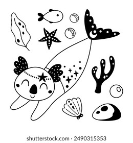 Bkack and white mermaid clipart. Cute mermaid animal clipart in cartoon flat style. Ocean clip art. Nautical Hand drawn vector illustration