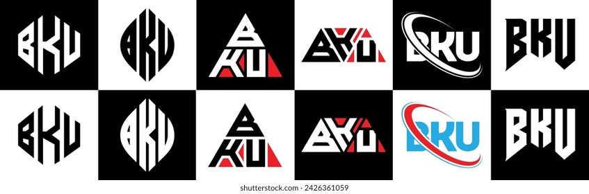 BKU letter logo design in six style. BKU polygon, circle, triangle, hexagon, flat and simple style with black and white color variation letter logo set in one artboard. BKU minimalist and classic logo