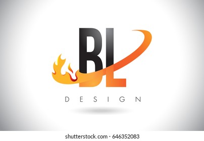 Diseño de logotipo de letra BL B L con llamas de fuego y Ilustración vectorial Swoosh naranja.