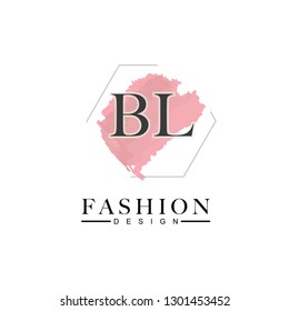 BL B L Watercolor Letter Logo Design with Polygon Shape and Pastel Pink Brush.