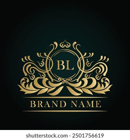 BL golden letter logo. BL logo initial Luxury ornament emblem. Golden template for cafe, bars, boutiques, invitations. Logo for business. Vintage elements. 