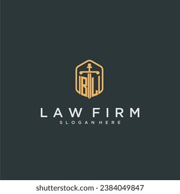 BL initial logo monogram with shield and sword style design for law firm
