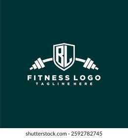 BL initial monogram for fitnes or gym logo with creative shield and barbell design