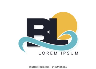 BL letter logo with ocean waves and sunset. Beach concept design