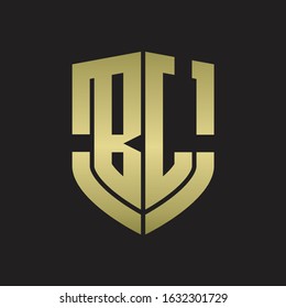 BL Logo monogram with emblem shield shape design isolated gold colors on black background