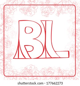 BL monogram in an orchids frame, red letters illustration on white