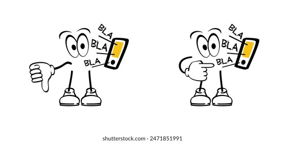 Bla bla bla, drawing stickman or stick figures man mascot, has a boring, phone call, it says blah, blah, blah. Comics types, stick figures man withe mobile phone. Says nonsense, swearing, swear.