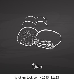 Blaa food sketch on chalkboard. Vector drawing of Bun, usually known in Ireland. Food illustration series.