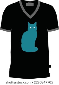 Blac T Shirt with V Neck and Sillhouette Cat Design Custom Vector