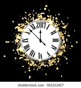 Black 2017 New Year clock with golden confetti. Vector paper illustration.