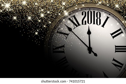 Black 2018 New Year shining background with clock. Vector illustration.