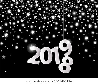 Black 2019 greeting card concept with paper cuted white numbers on silver star fall background. Change year concept. Happy New Year and Merry Christmas. Vector illustration