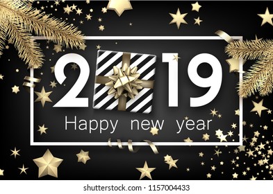 Black 2019 happy New Year background with white frame, top view gift, fir branches and gold stars. Christmas greeting card. Vector illustration.
