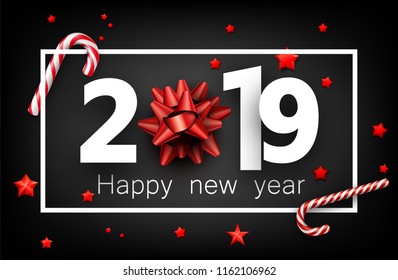 Black 2019 happy New Year background with white frame, red bow, candy cane and stars. Christmas greeting card or poster. Vector illustration.