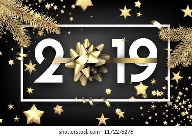 Black 2019 happy New Year background with white frame, beautiful golden bow, fir branches and stars. Christmas greeting card or poster. Vector illustration.