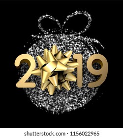 Black 2019 New Year background with beautiful golden bow and shiny silver stylized Christmas ball. Greeting card or poster template. Vector illustration.