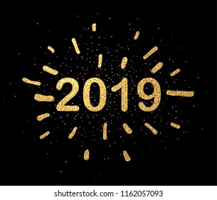 Black 2019 New Year background with shiny gold figures. Christmas greeting card or poster template. Vector illustration.