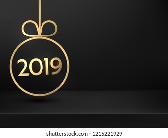 Black 2019 New Year poster with golden abstract Christmas ball. Vector background.