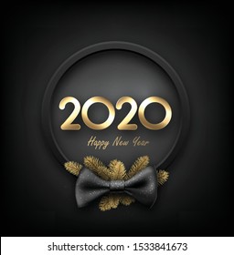 black 2020 happy New Year background with blue 3d frame and satin ribbon with beautiful bow. Winter decoration - Vector