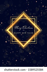Black 2020 happy New Year background with shiny gold modern square frame. Celebration template with gold particles and bokeh for card or poster. Holiday premium invitation flyer or promo banner
