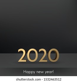 El telón de fondo negro de Año Nuevo 2020 con un texto dorado en 3d. Fondo vectorial.