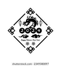 Black 2024 dragon happy new year logo art