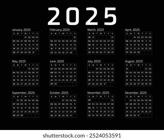 Preto 2025 Ano todos os meses calendário Página única parede corporativa 2025 12 meses calendário modelo, Estilo profissional