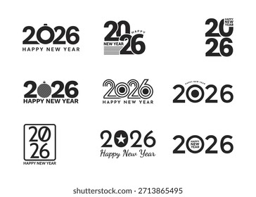 Black 2026 logotype typography in a bold, minimalist style, isolated on a clean white background. Geometric New Year lettering for posters, greeting cards, calendars, websites, and festive holiday.